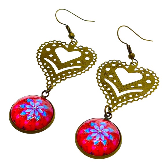 Cherry Red Fancy Heart Dangle Earrings - Picture 5 of 7